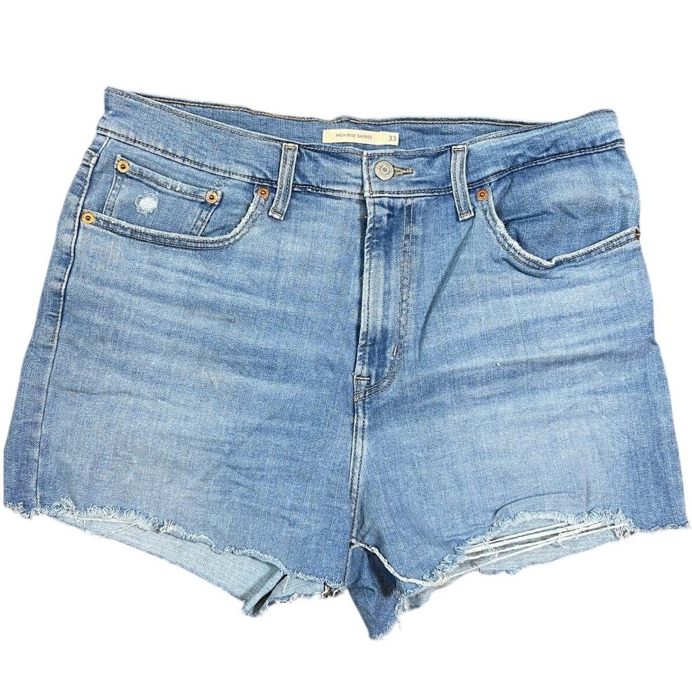 Levis High Rise Shorts Womens 33 Medium Wash‎ Distressed Raw Hem Denim Cut Offs
